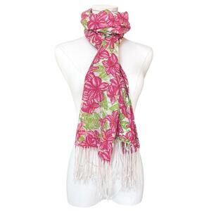 Lilly Pulitzer Murfee Scarf Wrap Silk Cashmere Blend Fringe Pink Green